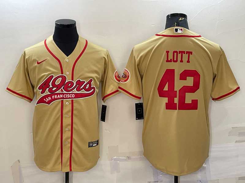 Men%27s San Francisco 49ers #42 Ronnie Lott Gold With Patch Cool Base Stitched Baseball Jersey->san francisco 49ers->NFL Jersey